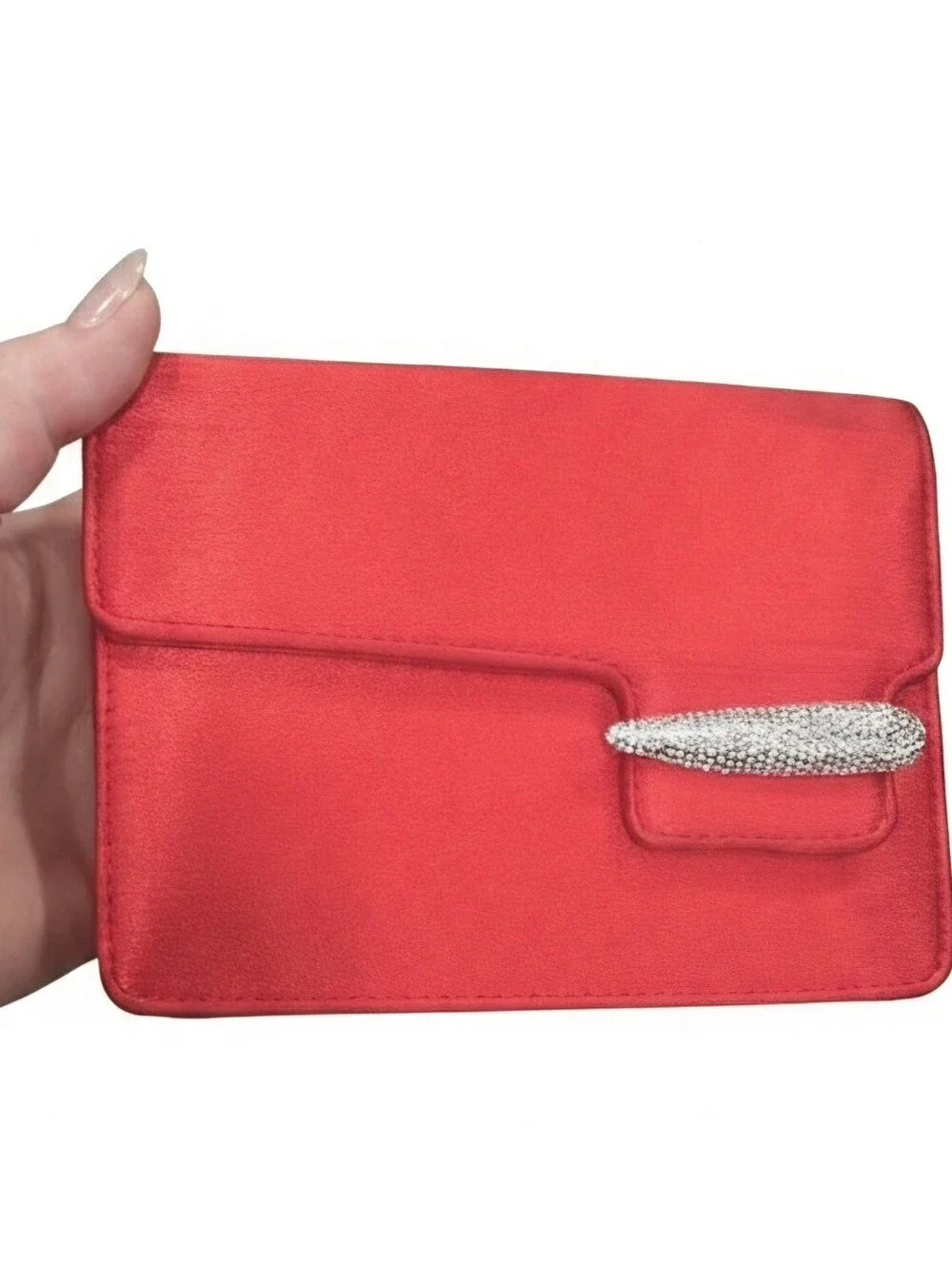 Swarovski Red Satin Evening Clutch Purse Featuring Pave Crystal 6x4.5x1.25